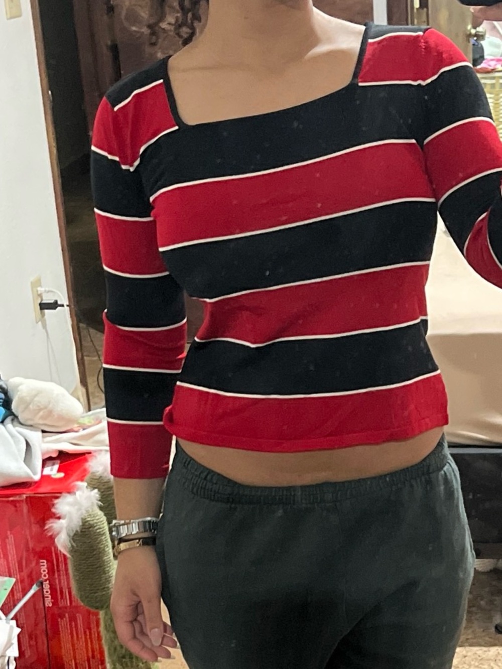 Vintage Express Red and Black Striped Square Neck Top